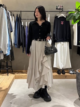 「PAGEBOY（ページボーイ）のモードバックルベルト3（ベルト、ブラック系）」を使った、Ruuさん（レディース・158cm）の春コーディネート