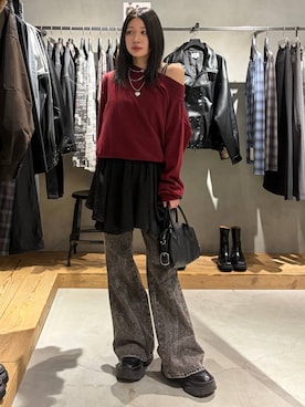 「PAGEBOY（ページボーイ）の【マシンウォッシャブル】メロウタッチニットプルオーバー（ニット/セーター、レッド系）」を使った、Ruuさん（レディース・158cm）の秋コーディネート