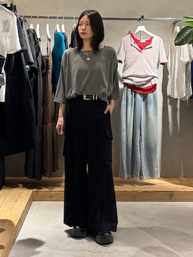 「PAGEBOY（ページボーイ）のモードバックルベルト3（ベルト、ブラック系）」を使った、Ruuさん（レディース・158cm）の夏コーディネート