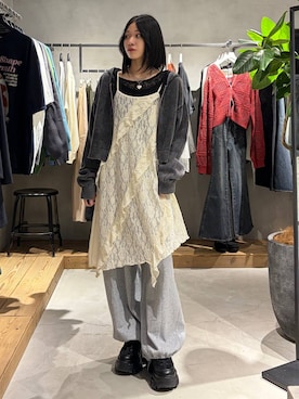 「PAGEBOY（ページボーイ）のレースアップソックスブーツ（ブーツ、ブラック系）」を使った、Ruuさん（レディース・158cm）の春コーディネート