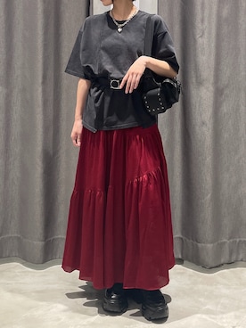 「アイテム（スカート、レッド系）」を使った、Ruuさん（レディース・158cm）の夏コーディネート