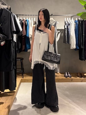 「PAGEBOY（ページボーイ）の＜まるでデニム見え！/紫外線カット/接触冷感/ストレッチ＞マルデニメガレッグパンツ（デニムパンツ、ブラック系）」を使った、Ruuさん（レディース・158cm）の夏コーディネート