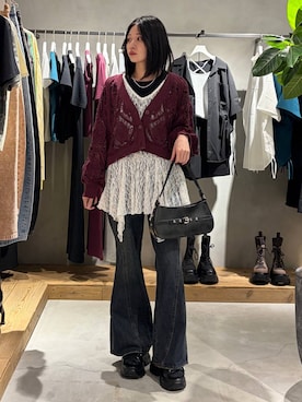 「PAGEBOY（ページボーイ）のスカシリーフニットボレロ 【一部カラーWEB限定】（カーディガン/ボレロ、パープル系）」を使った、Ruuさん（レディース・158cm）の春コーディネート