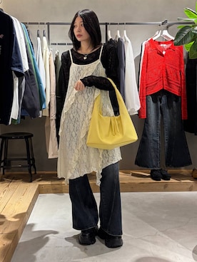 「PAGEBOY（ページボーイ）のレースアップソックスブーツ（ブーツ、ブラック系）」を使った、Ruuさん（レディース・158cm）の春コーディネート