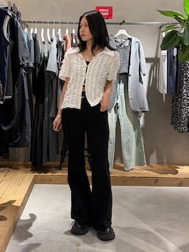 「PAGEBOY（ページボーイ）のカップツキFITキャミ（キャミソール、ブラック系）」を使った、Ruuさん（レディース・158cm）の夏コーディネート