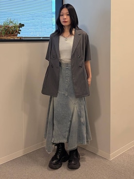 「PAGEBOY（ページボーイ）の＜まるでデニム見え！/紫外線カット/接触冷感＞マルデニイレヘムスカート（デニムスカート、ブルー系）」を使った、Ruuさん（レディース・158cm）の夏コーディネート