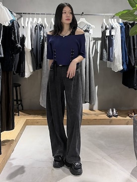 「PAGEBOY（ページボーイ）の【マシンウォッシャブル/前後2WAY】レースアップリブ×タンクSET（Tシャツ/カットソー、ブルー系）」を使った、Ruuさん（レディース・158cm）の夏コーディネート