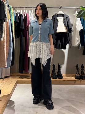 「PAGEBOY（ページボーイ）のクラシックストレート【3color/4size】（スラックス、ブルー系）」を使った、Ruuさん（レディース・158cm）の春コーディネート