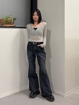 「PAGEBOY（ページボーイ）のレースアップソックスブーツ（ブーツ、ブラック系）」を使った、Ruuさん（レディース・158cm）の春コーディネート