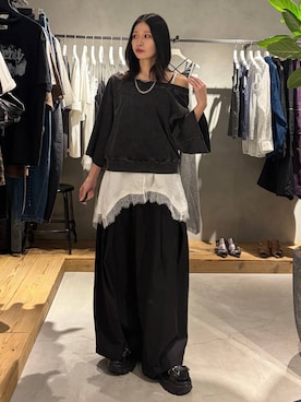 「PAGEBOY（ページボーイ）の＜まるでデニム見え！/紫外線カット/接触冷感/ストレッチ＞マルデニルーズネックトップス（Tシャツ/カットソー、ブラック系）」を使った、Ruuさん（レディース・158cm）の夏コーディネート