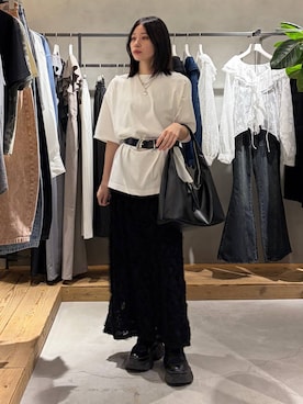 「PAGEBOY（ページボーイ）のレースアップソックスブーツ（ブーツ、ブラック系）」を使った、Ruuさん（レディース・158cm）の春コーディネート