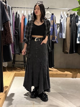 「PAGEBOY（ページボーイ）のオンブレチェックシャツ/チェックシャツ【2WAY仕様/シワになりにくい】（シャツ/ブラウス、ブラック系）」を使った、Ruuさん（レディース・158cm）の夏コーディネート