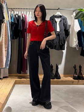 「PAGEBOY（ページボーイ）のクラシックストレート【3color/4size】（スラックス、ブルー系）」を使った、Ruuさん（レディース・158cm）の春コーディネート