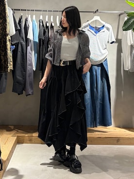「PAGEBOY（ページボーイ）のヴィンテージバックルベルト（ベルト、ブラック系）」を使った、Ruuさん（レディース・158cm）の夏コーディネート