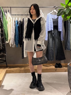 「PAGEBOY（ページボーイ）のレースアップソックスブーツ（ブーツ、ブラック系）」を使った、Ruuさん（レディース・158cm）の春コーディネート