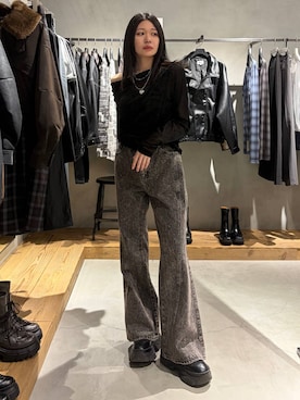「PAGEBOY（ページボーイ）のベロアドレープロングスリーブ（Tシャツ/カットソー、ブラック系）」を使った、Ruuさん（レディース・158cm）の秋コーディネート