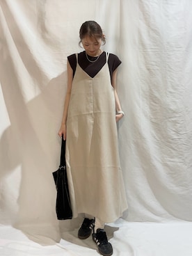 「ITEMS URBANRESEARCH（アイテムズ アーバンリサーチ）の『洗濯可』リネンライクバックリボンワンピース（ワンピース、ベージュ系）」を使った、aoiさん（レディース・162cm）の夏コーディネート