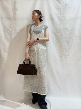 「ITEMS URBANRESEARCH（アイテムズ アーバンリサーチ）のインナー付きレースキャミワンピース（ワンピース、ホワイト系）」を使った、aoiさん（レディース・162cm）の夏コーディネート