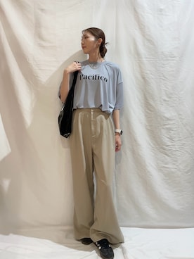 「ITEMS URBANRESEARCH（アイテムズ アーバンリサーチ）の『イージーケア/接触冷感/UVカット』SMOOTH LINEN TOUCH ワイドパンツ（その他パンツ、ベージュ系）」を使った、aoiさん（レディース・162cm）の夏コーディネート