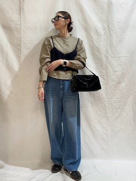 「ITEMS URBANRESEARCH（アイテムズ アーバンリサーチ）のコクーンワイドパンツ（その他パンツ、ブルー系）」を使った、aoiさん（レディース・162cm）の秋コーディネート