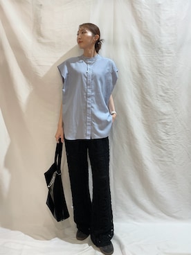「ITEMS URBANRESEARCH（アイテムズ アーバンリサーチ）のリネン混タックフレンチスリーブシャツ（シャツ/ブラウス、ブルー系）」を使った、aoiさん（レディース・162cm）の夏コーディネート