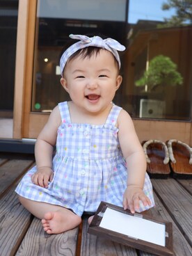 「アイテム（ロンパース、パープル系）」を使った、cchanさん（キッズ・70cm）の秋コーディネート