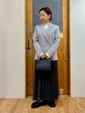 「SHOO・LA・RUE（シューラルー）の【セットアップ可/S-LL/洗濯機可】サッと軽やかに羽織りやすい Wブレストジャケット（テーラードジャケット、グレー系）」を使った、yumiさん（レディース・154cm）の冬コーディネート