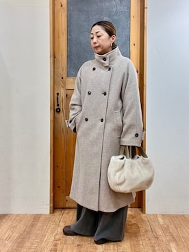 「DRESKIP（ドレスキップ）の【S-LL】大人のきれいめスタイルに ウール調スタンドロングコート（その他アウター、ベージュ系）」を使った、yumiさん（レディース・154cm）の秋コーディネート