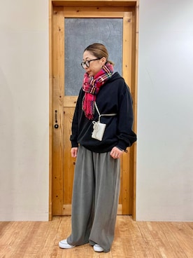 「DRESKIP（ドレスキップ）の【着丈選べる】あったかもちもちワイドパンツ（その他パンツ）」を使った、yumiさん（レディース・154cm）の冬コーディネート