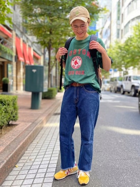 「アイテム（スニーカー、イエロー系）」を使った、nacoさん（レディース・162cm）の夏コーディネート