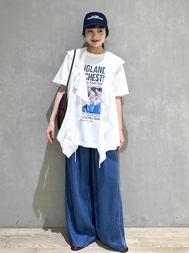 「ADAM ET ROPE'（アダムエロペ）のカバーヒールサンダル（サンダル、ブラック系）」を使った、AKARIさん（レディース・157cm）の夏コーディネート