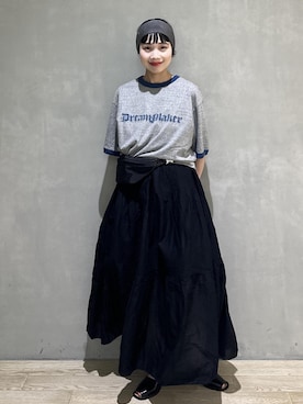 「ADAM ET ROPE'（アダムエロペ）の【AAYUSHI for ADAM ET ROPE'】別注Cotton voile long dress（ワンピース、ブラック系）」を使った、AKARIさん（レディース・157cm）の夏コーディネート