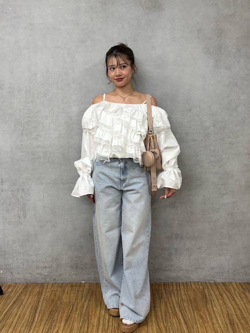 超美品　ピエールバルマン　涼しげブルー　チューリップ　ブラウス Vintage バルーンペプラムトップス+シュシュセット（シャツ/ブラウス）｜Chico