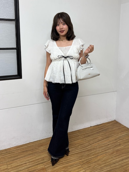 フリンジ配色フリルブラウス