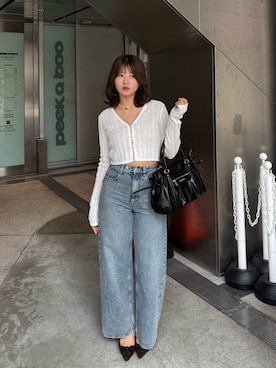 「Chico（チコ）のスパンコールシアーカーディガン（カーディガン/ボレロ、ホワイト系）」を使った、hichanさん（レディース・156cm）の夏コーディネート