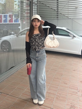 「Chico（チコ）のチェックリボンベアトップス（シャツ/ブラウス、ブラック系）」を使った、hichanさん（レディース・156cm）の春コーディネート