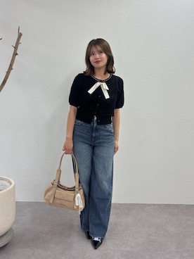 「Chico（チコ）の【SALON  by Chico】フロントリボンクロシェパフ袖ニット（ニット/セーター、ブラック系）」を使った、hichanさん（レディース・156cm）の夏コーディネート