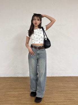 「Chico（チコ）のハートデザインチビT（Tシャツ/カットソー、ホワイト系）」を使った、hichanさん（レディース・156cm）の春コーディネート