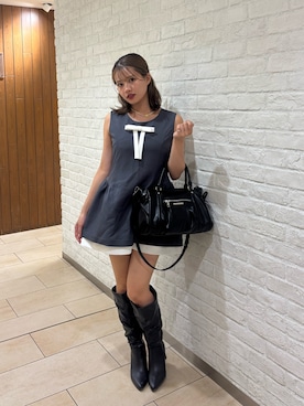 「Chico（チコ）のレイヤードリボンミニワンピース（ワンピース、グレー系）」を使った、hichanさん（レディース・156cm）の夏コーディネート