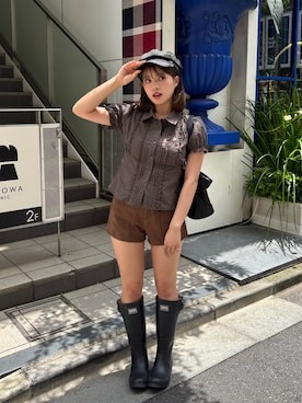 「Chico（チコ）の【全骨格◎/セットアップ対応】コンパクトパフブラウス（シャツ/ブラウス、ブラウン系）」を使った、hichanさん（レディース・156cm）の夏コーディネート