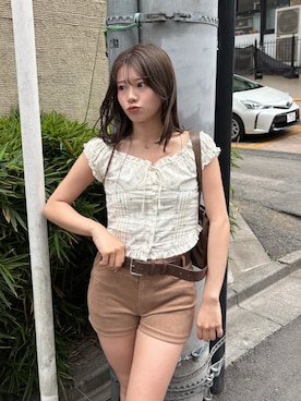 「Chico（チコ）のコットンレースノースリブラウス（シャツ/ブラウス、ブルー系）」を使った、hichanさん（レディース・156cm）の春コーディネート