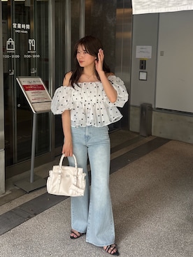 「Chico（チコ）のバルーンオフショルペプラムブラウス（シャツ/ブラウス、ホワイト系）」を使った、hichanさん（レディース・156cm）の春コーディネート