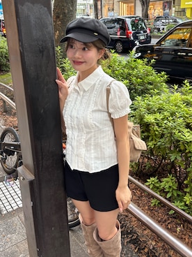 「Chico（チコ）のプレート付きキャスケット（キャップ、ブラック系）」を使った、hichanさん（レディース・156cm）の夏コーディネート