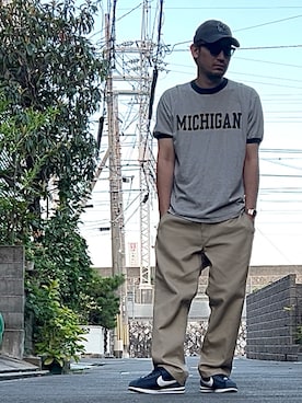 「NIKE（ナイキ）のNIKE ナイキ CORTEZ TXT コルテッツ TXT MHF0263 400MNNAVY/WHT（スニーカー）」を使った、たくみみみさん（メンズ・180cm・40代）の夏コーディネート