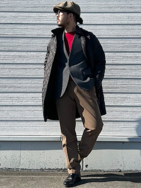 「アイテム（ノーカラージャケット）」を使った、加藤さん（メンズ・166cm）の冬コーディネート