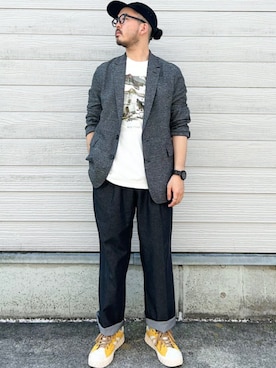 「アイテム（スーツジャケット）」を使った、加藤さん（メンズ・166cm）の夏コーディネート
