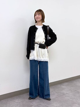 「RAGEBLUE（レイジブルー）のコンパクトクルーカーディガン（カーディガン/ボレロ、ブラック系）」を使った、nanamiさん（レディース・164cm）の冬コーディネート