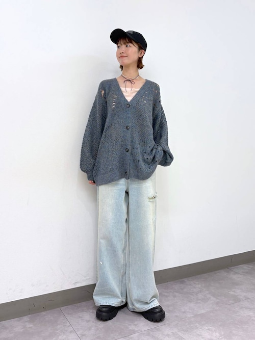 Rene ブルーグレー　カーディガンボレロ　38 セール】透かし編みダメージラメニットカーディガン（カーディガン