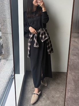 「DouDou（ドゥドゥ）のブークレーダンボールロングスリーブワンピース（ワンピース、ブラック系）」を使った、doudouchinamiさん（レディース・163cm）の秋コーディネート