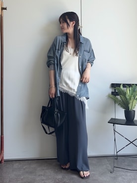 「DouDou（ドゥドゥ）の袖リブシアーデニムシャツ（シャツ/ブラウス、ブルー系）」を使った、doudouchinamiさん（レディース・163cm）の夏コーディネート